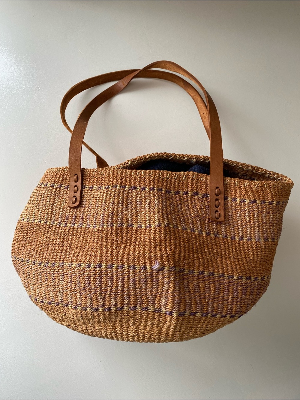 Woven Straw Tote Bag with Leather Straps - Brown
